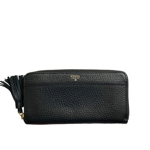 Fossil Black Leather Zipper Clutch Tassel Wallet